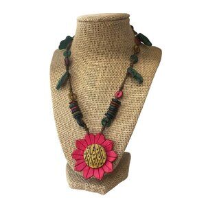 Handcrafted Necklace Red Sunflower Pendant Leaf Accents Made of Carved Seeds